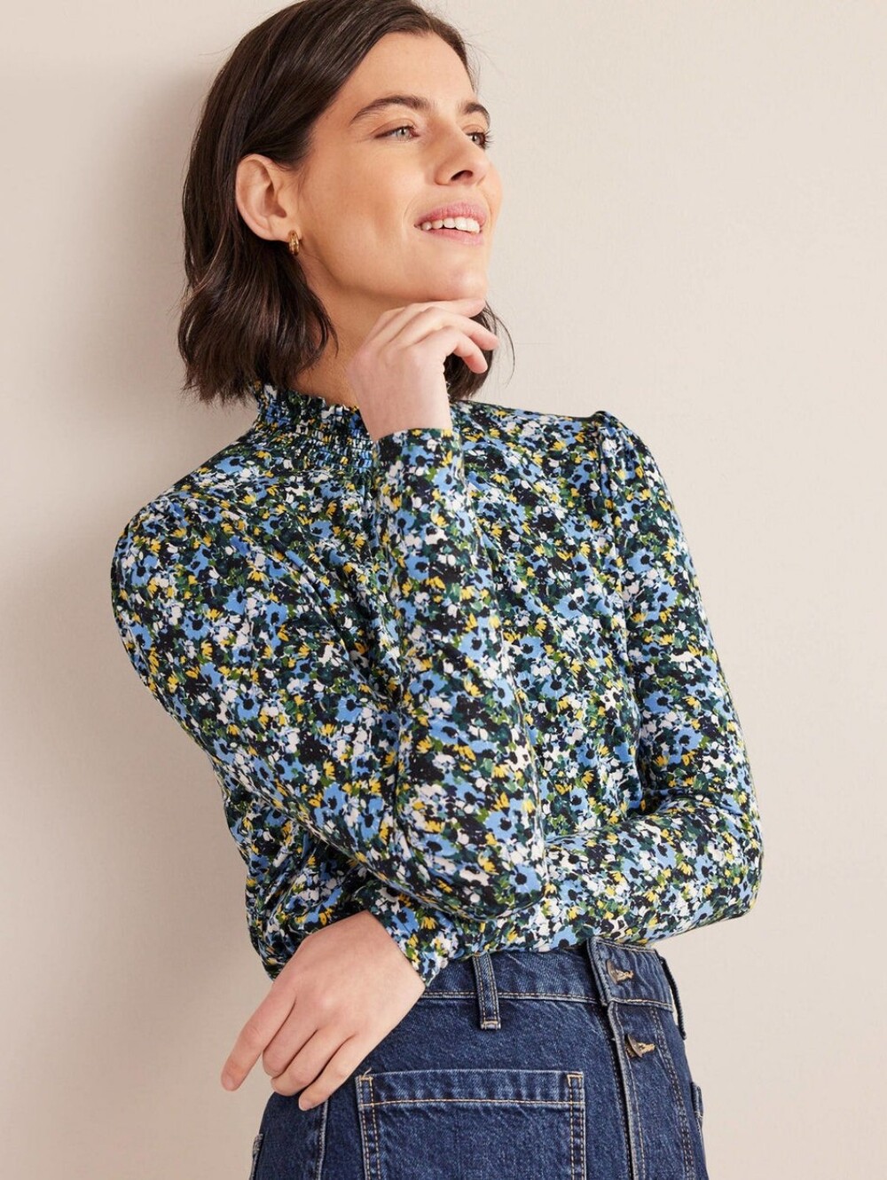 Boden Smocked Neck Printed Top - Blue Floral